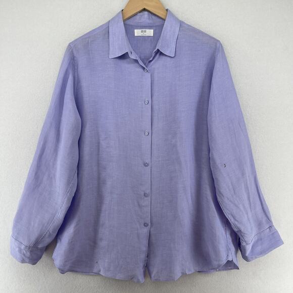 UNIQLO Top Womens XL 100% Linen Long Sleeve Button Front Shirt Blouse Purple - Picture 1 of 15